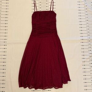 Ruched Wine-Red Midi Dress with Delicate Straps